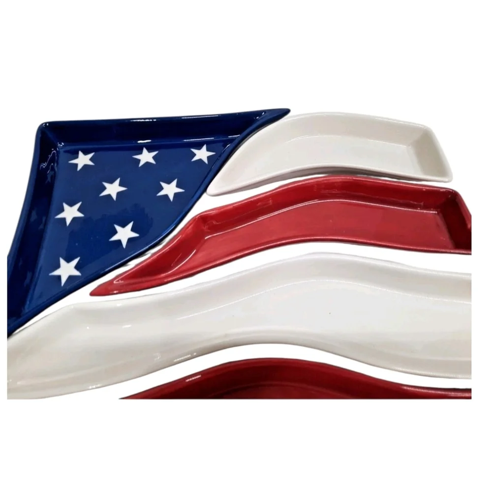 Home Interiors American Flag Ceramic Serving Platter Set - Patriotic